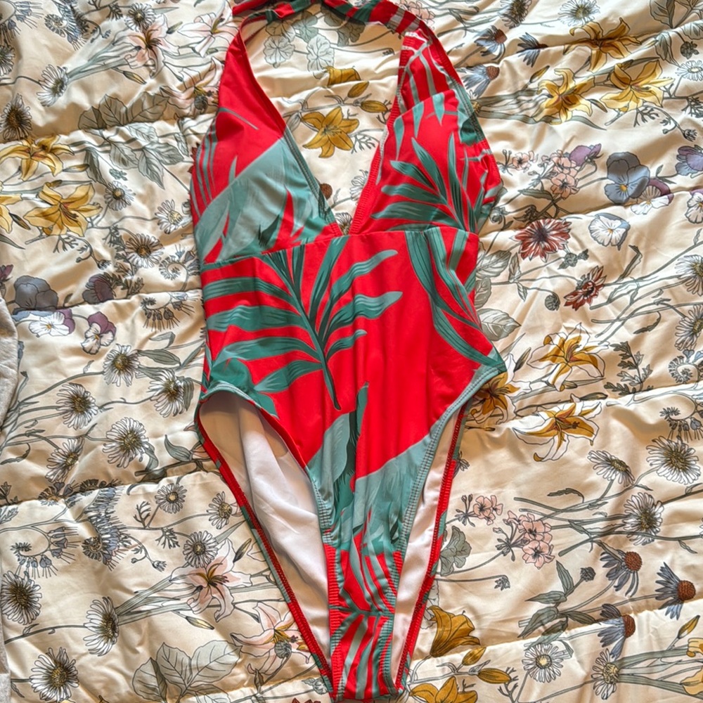 Tropical Red and Green One-Piece Swimsuit
